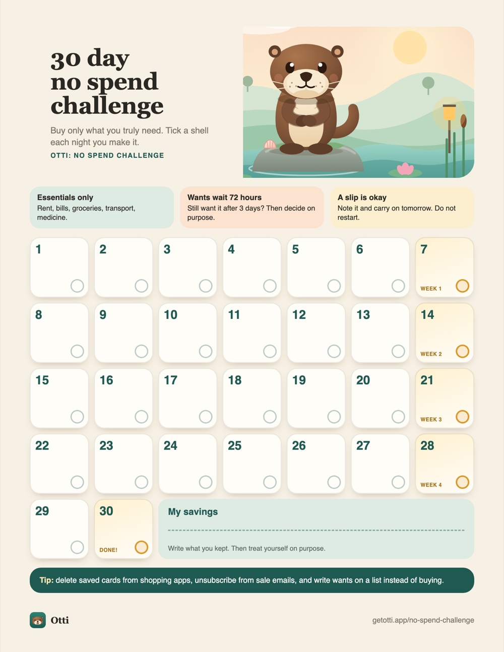 Otti 30 day no spend challenge calendar with an otter, three simple rules and 30 numbered days